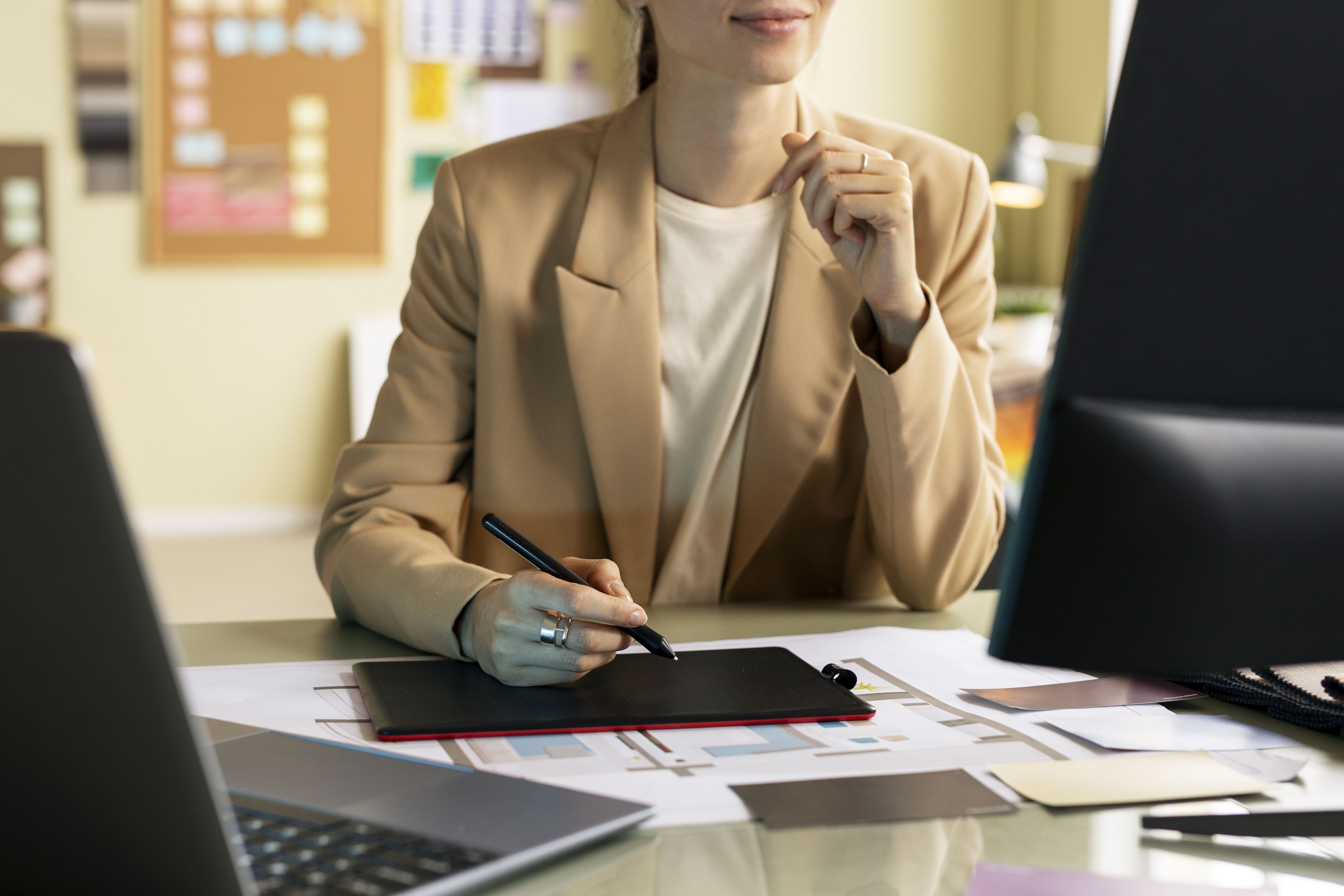 front-view-woman-working-desk